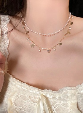 合金项链 精致女孩~轻奢蝴蝶珍珠项链双层锁骨链女高级感时尚配饰