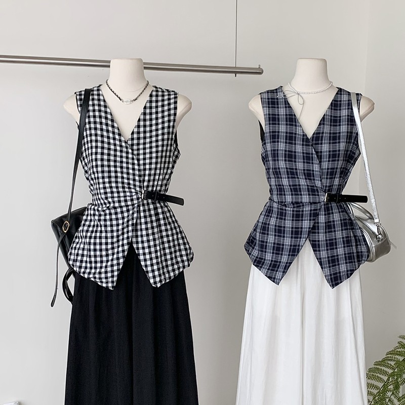 卡莲格/系带无袖格子背心马甲女夏季微胖mm收腰修身洋气显瘦上衣