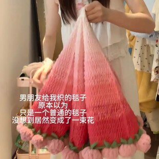 渐变玫瑰花毯粉色毯子变花束空调盖毯毛线钩针织手工礼物材料包礼