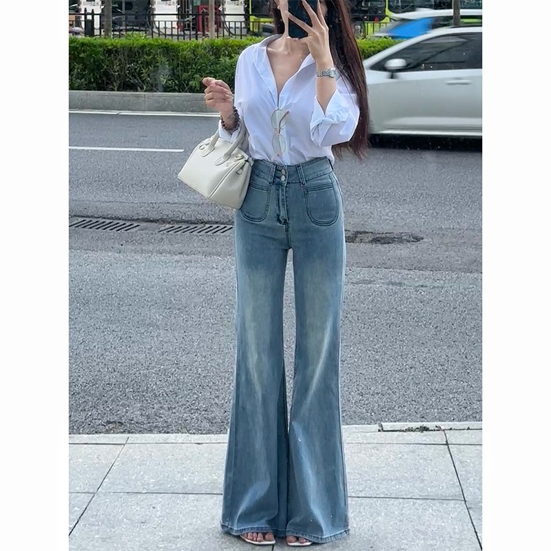 浅色高腰宽松阔腿微喇牛仔裤女25夏季新款小个子显瘦弹力拖地长裤