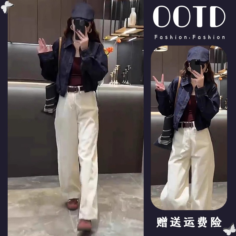 春季穿搭一整套复古港味设计感明线单排扣polo领衬衫阔腿裤套装潮