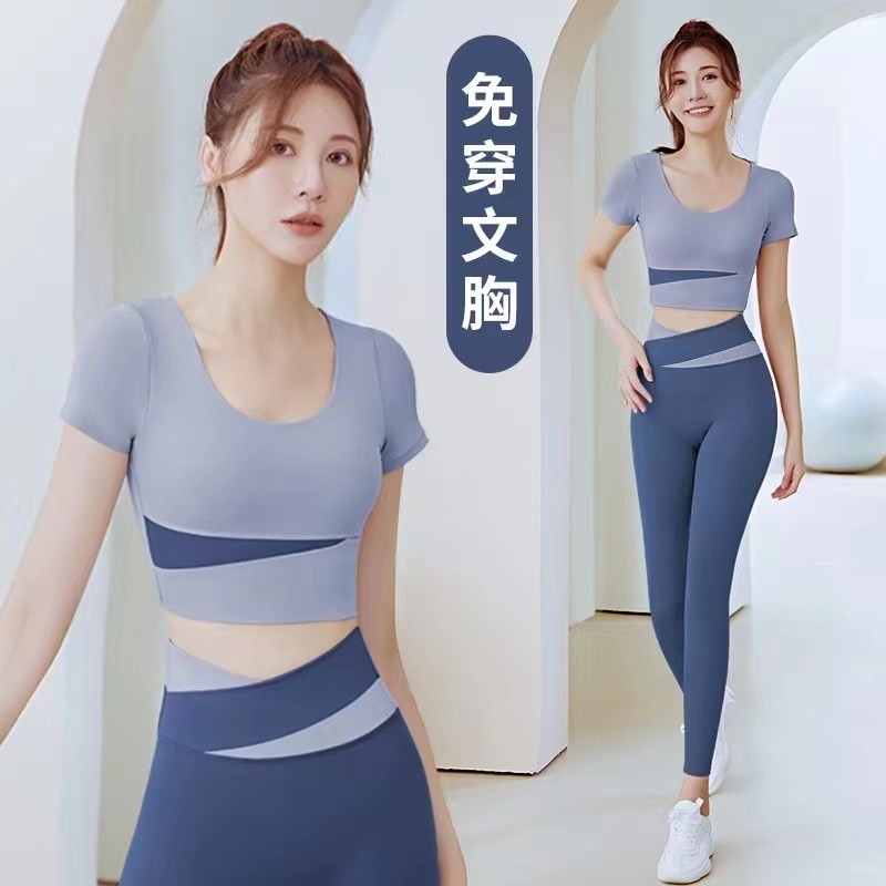 K.G两件套瑜伽服带胸垫短袖长裤跑步健身运动显瘦新款套装