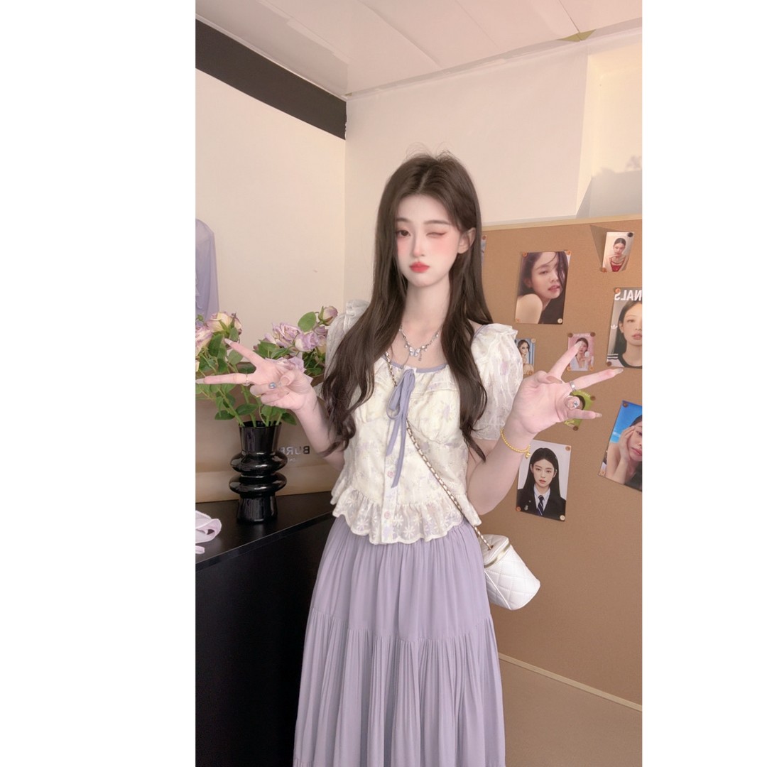 夏日绝美俏皮小个子减龄洋气杏色泡泡袖衬衫两件套裙装女2025新款