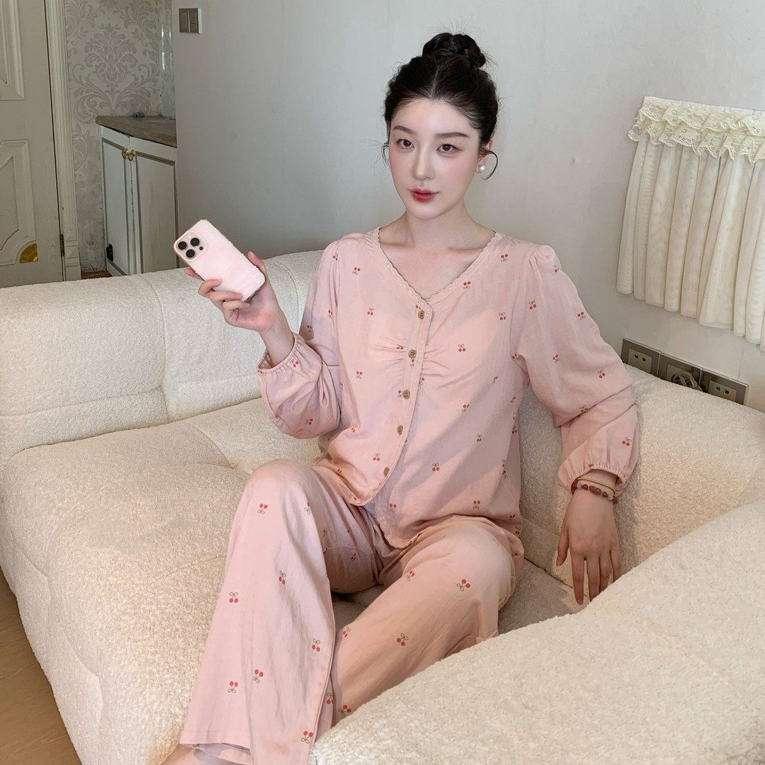 豆豆 樱桃日记 长袖长裤纯欲粉色显瘦春秋季女套装法式睡衣