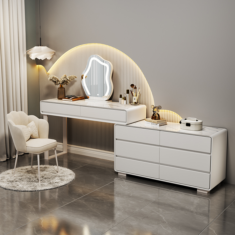 全友家居2025新款实木岩板卧室梳妆台现代简约奶油风化妆台一体斗