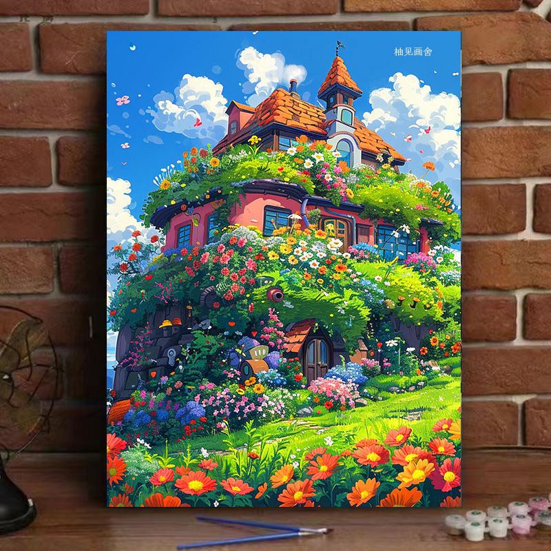 数字油画diy填色宫崎骏风格城堡自然风景油画治愈系高颜值装饰画