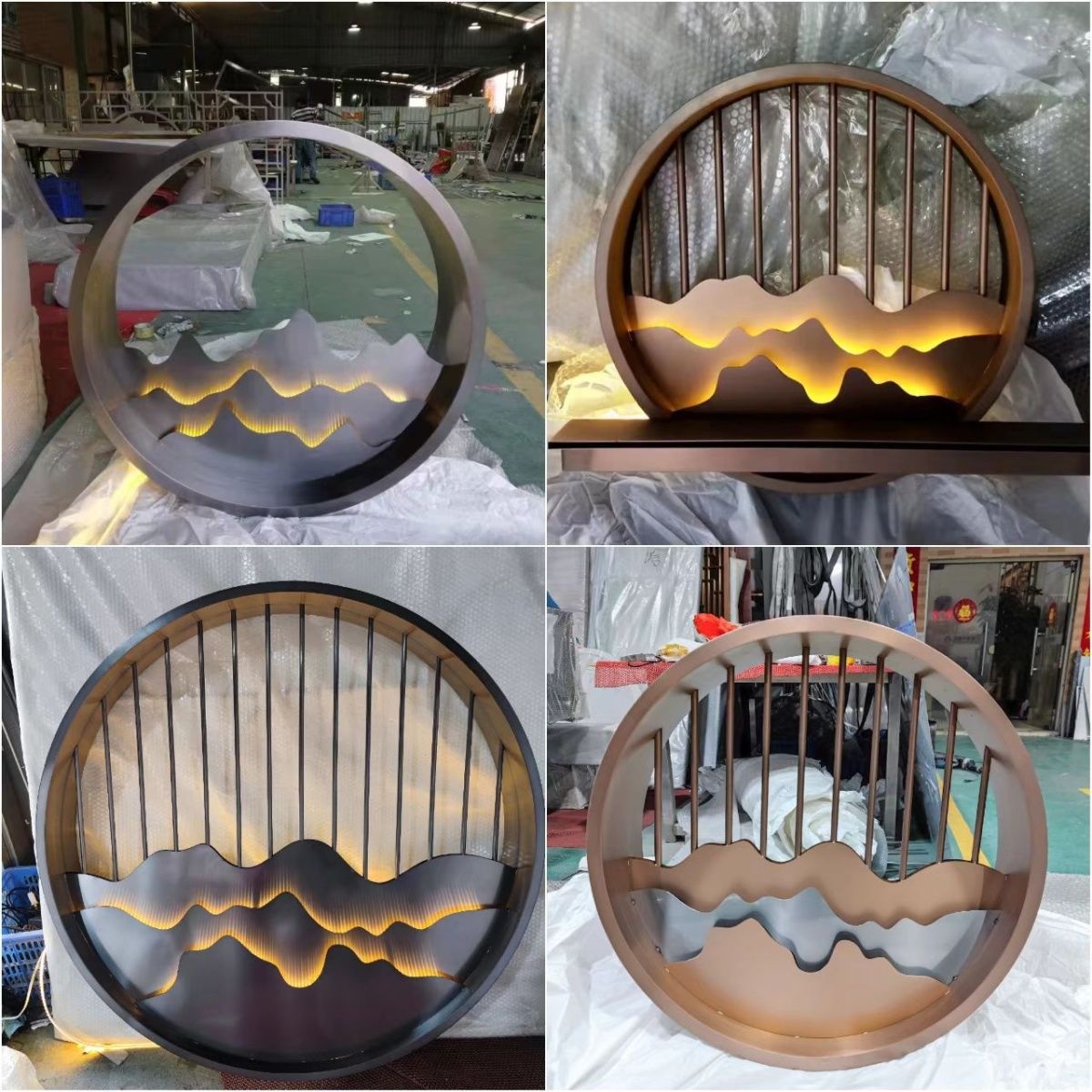 定制新中式不锈钢圆形屏风客厅装饰摆挂镂空铝雕花假山造型金属墙