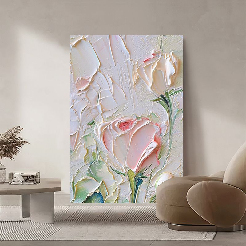 纯手绘油画玫瑰花玄关装饰画客厅抽象花卉刀画奶油风立体肌理挂画图片