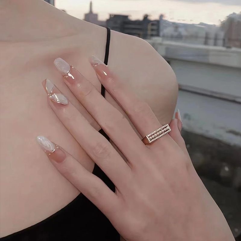 【丝滑飘带】纯手工穿戴甲美甲贴片穿戴式裸色显白中长款气质爆闪