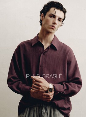 韩国进口PLUS CRASH新款老钱风春夏透气舒适纯色长袖衬衫老钱风松