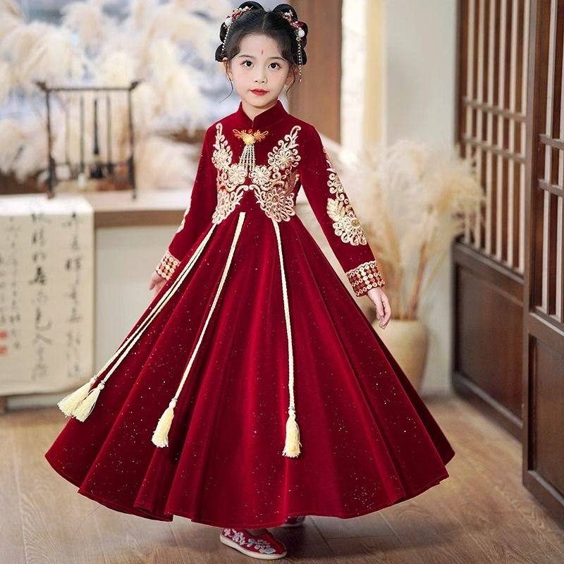 汉服女童裙子秋冬2024新款礼服冬裙儿童秋装连衣裙女孩国风拜年服