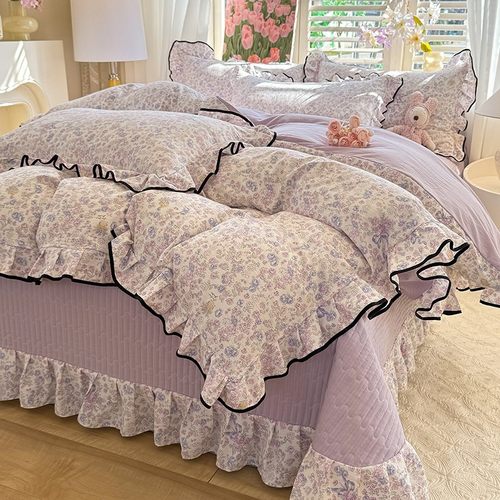 a类母婴级水洗双层纱床盖四件套小碎花花边被套绗缝床单四季通用4