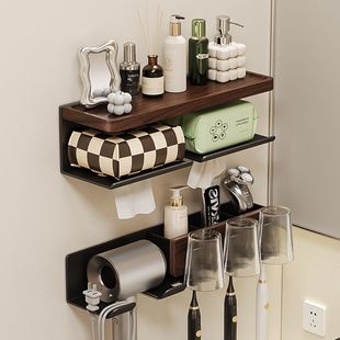 模范夫人胡桃木卫生间纸巾盒洗漱台牙刷架置物架免打孔吹风机挂架