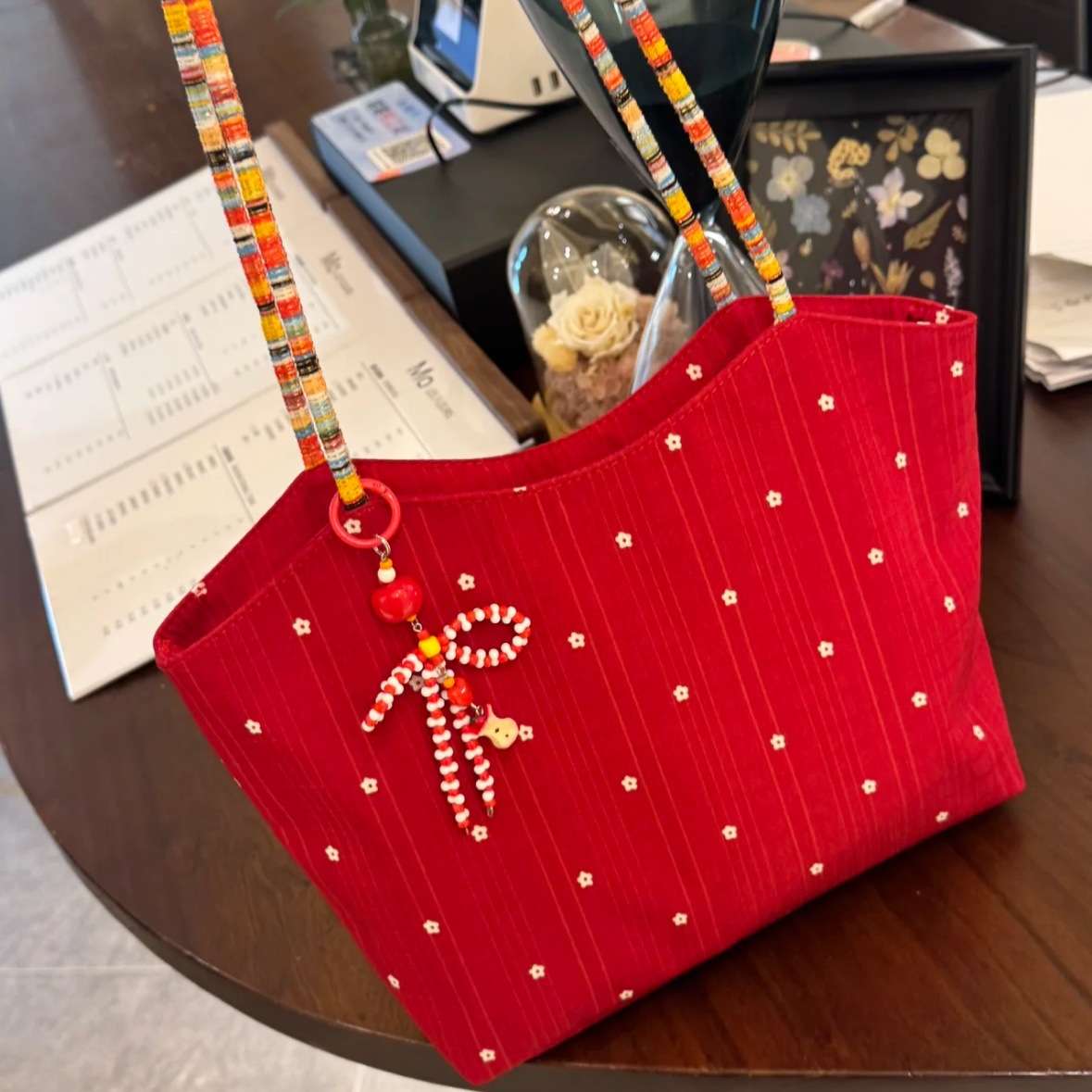 韩系红色花朵帆布包女2025新款撞色编织单肩托特包通勤手提购物袋