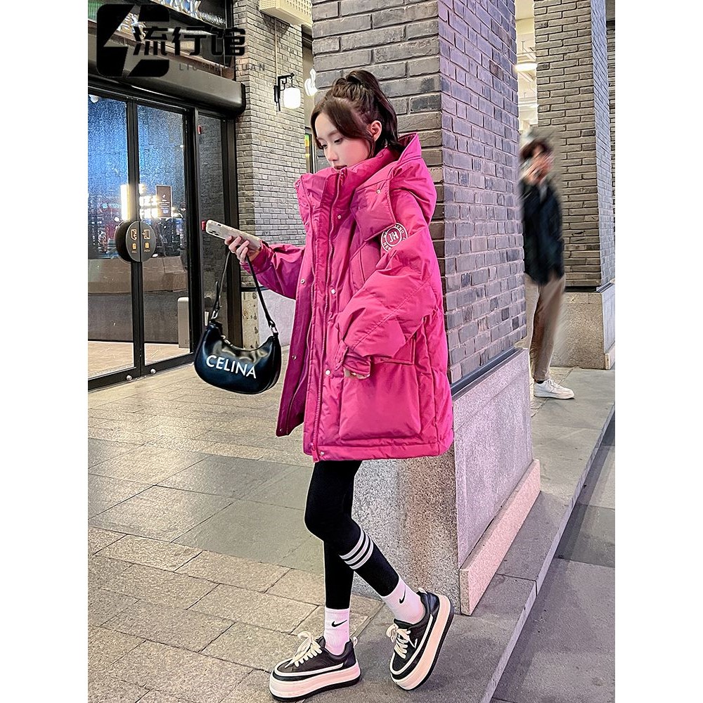 时尚休闲羽绒棉服女2025冬季新款中长款宽松收腰小个子连帽外套潮