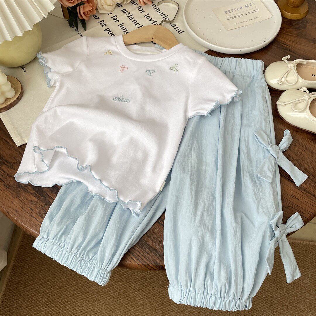 2025韩版短袖女童夏季绣花蝴蝶结套装T恤可爱小清新运动女宝童装