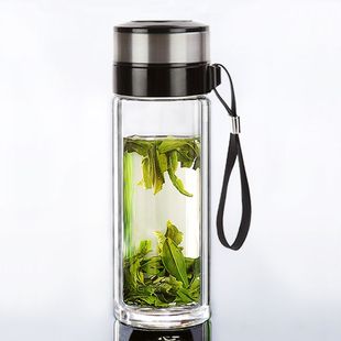 便携双层玻璃杯男水杯子女户外手提玻璃杯隔热防烫泡茶杯子车载