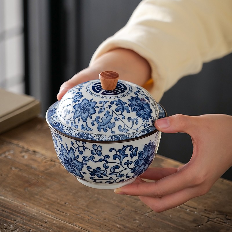青花瓷烟灰缸带盖防风防飞灰满印花家用复古烟缸大号个性桌面摆件