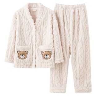 南极人100%珊瑚绒法兰绒冬季睡衣加厚加绒女款高档V领家居服套装