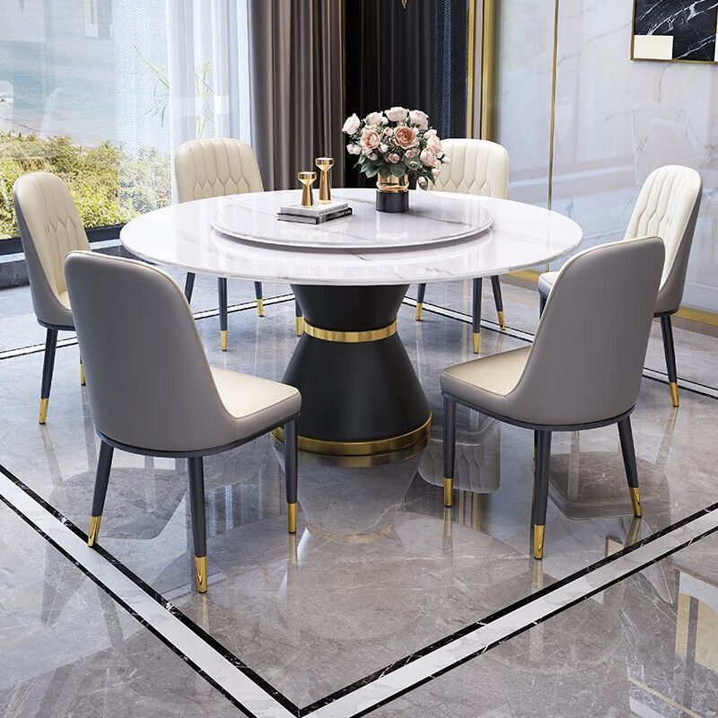 餐桌意式岩板圆桌组合现代简约小户型轻奢大理石家用圆形电磁炉餐