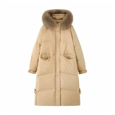 香榭颂大毛领羽绒棉服女粉色2024年冬新款中长款过膝加厚连帽外套