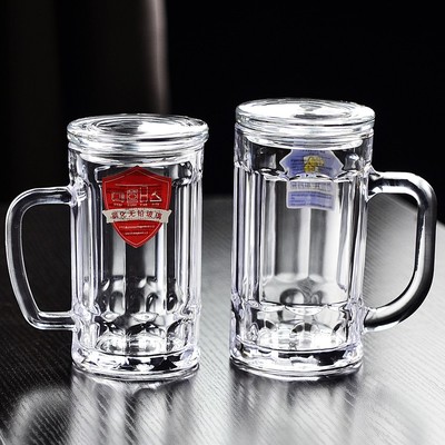 带把钢化玻璃杯子防摔家用耐高温扎啤酒杯棋牌室茶楼专泡茶杯带盖