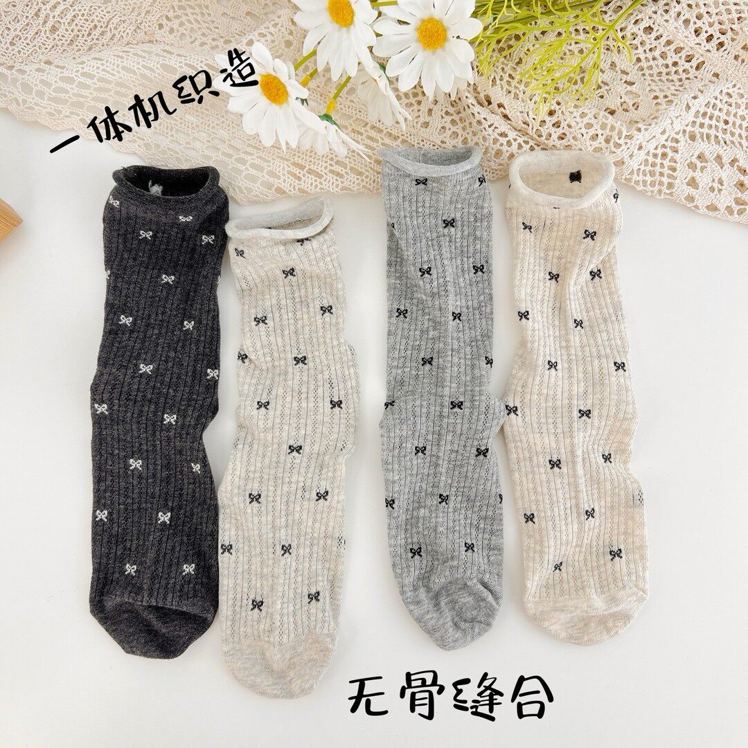 可喜月夏季无骨缝合棉袜镂空蝴蝶结日系薄款透气中高筒薄款棉袜女