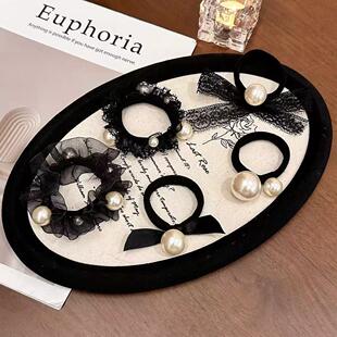 大珍珠头绳扎马尾头绳女皮套蕾丝扎头发圈宽粗无接缝丸子头饰nv85