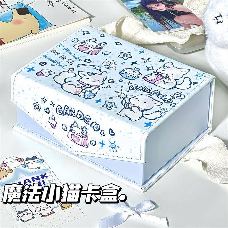 ins小猫卡盒防尘带盖学生小卡吧唧大容量可爱卡通磁吸皮质收纳盒