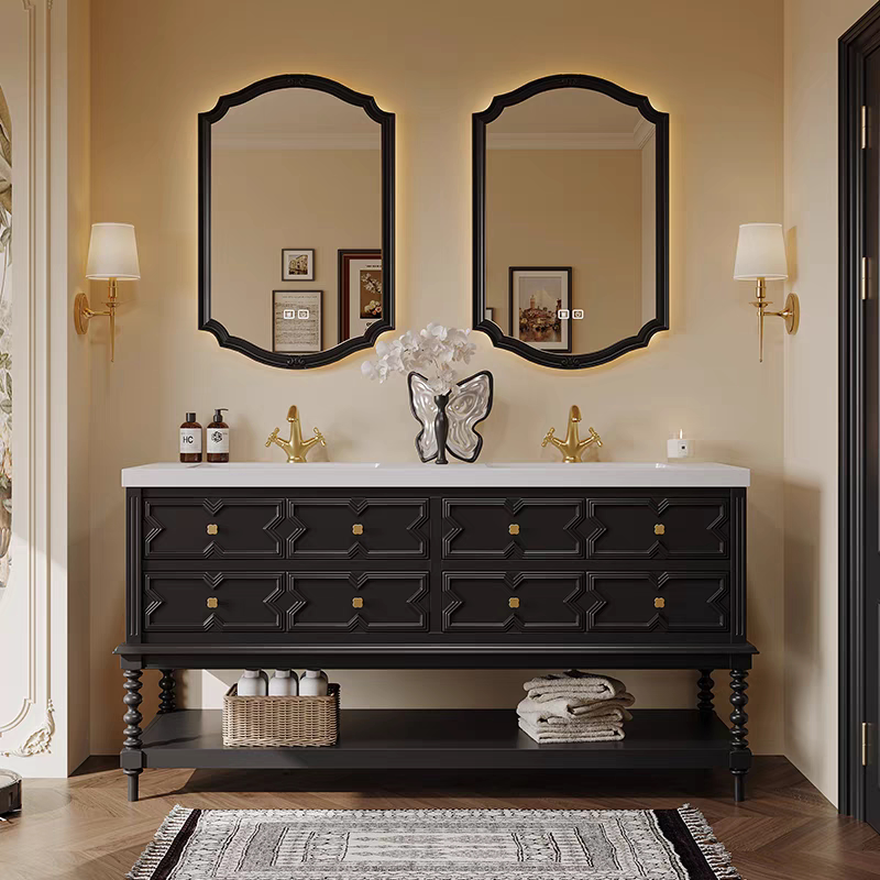 美法式复古浴室柜组合落地卫生间洗漱台洗手池双盆岩板陶瓷一体盆