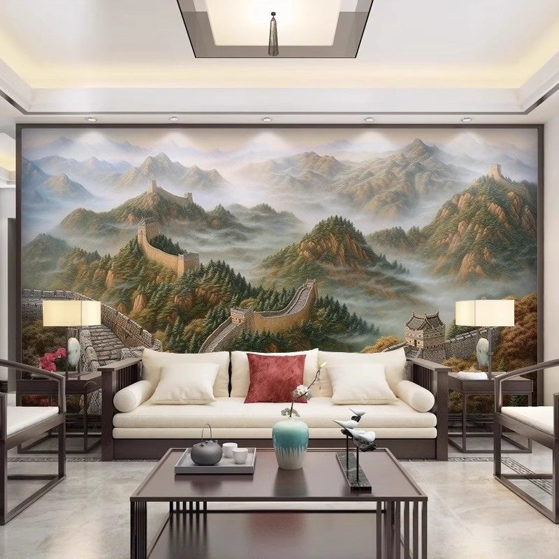 万里长城电视背景墙集成墙板中式山水画浮雕客厅沙发办公室碳晶板