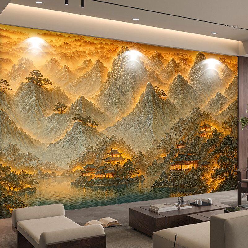 新中式山水立体浮雕电视沙发背景护墙板碳晶板茶室办公室防撞墙板