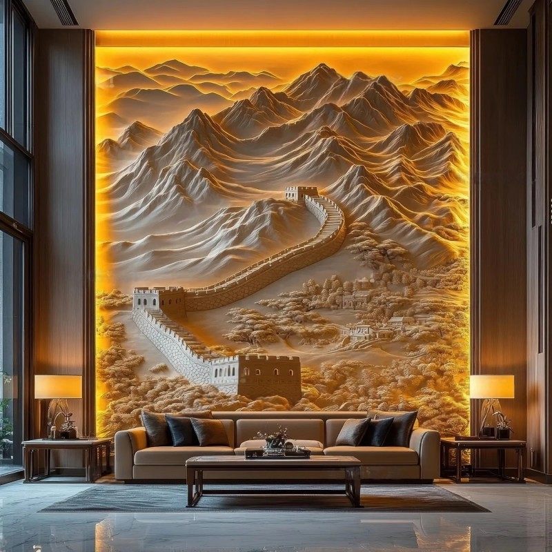 18D新中式别墅浮雕立体背景墙碳晶板复式楼挑空客厅电视背景墙板