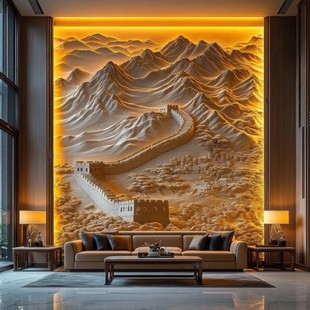 18D新中式别墅浮雕立体背景墙碳晶板复式楼挑空客厅电视背景墙板