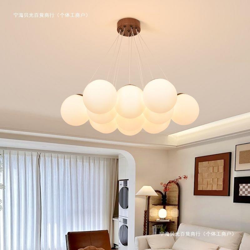 吊灯中古风桃木色法式客厅灯奶油风玻璃泡泡球灯具护眼儿童卧室灯