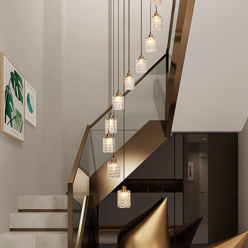 全铜楼梯间长吊灯新中式轻奢水晶灯民宿公寓客厅挑高中空个性吊灯