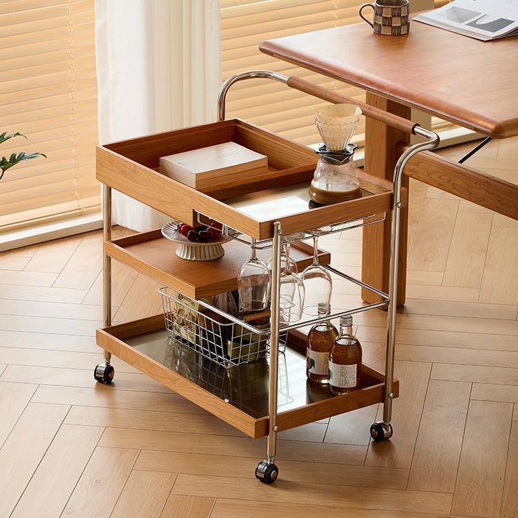 西枝_悠悠推车_小推车边几日式樱桃木客厅沙发角几可移动茶几带轮