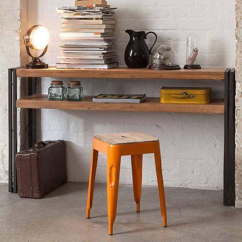 loft复古实木玄关桌工业风铁艺做旧条案台简约长条双层靠墙桌子