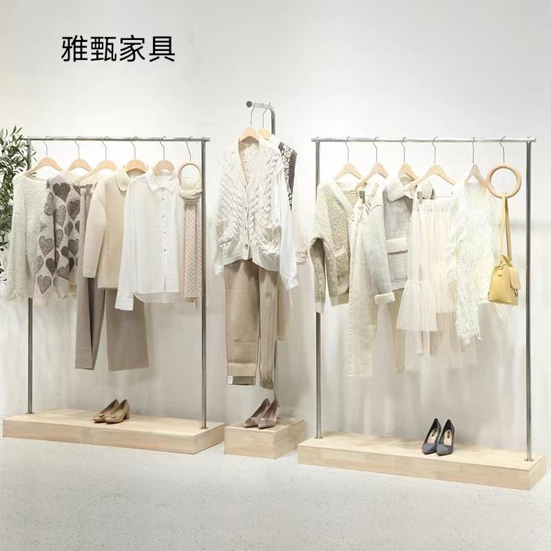 简约不锈钢拉丝银服装店展示架男女装店铺落地中岛架木质服装架子