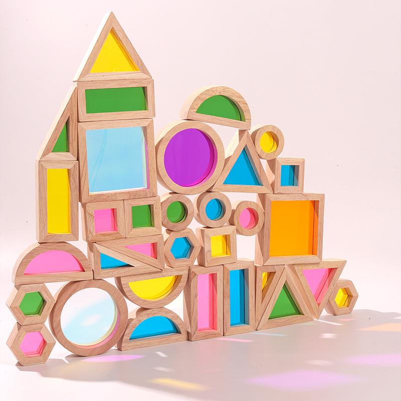 拼搭彩虹透光木质积木儿童创意搭建幼儿早教启蒙益智叠叠高玩具