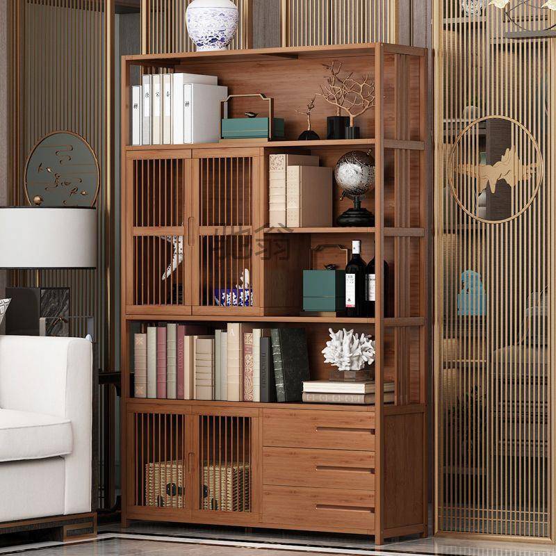 pq书架置物架博古架中式简约落地楠竹简易实木家用客厅收纳储物书