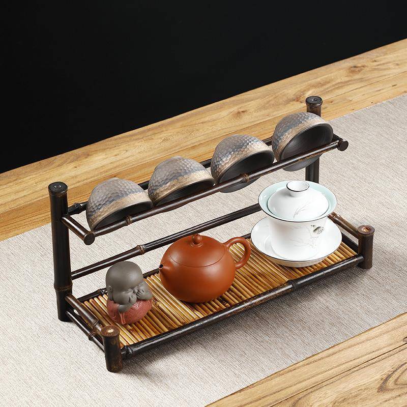手工竹制茶杯沥水架中式复古紫竹竹排干泡盘双层茶具收纳展示架子