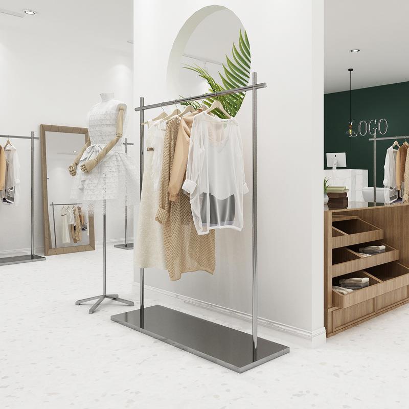 服装店展示架落地式挂衣服架子不锈钢拉丝银色女装中岛架陈列货架