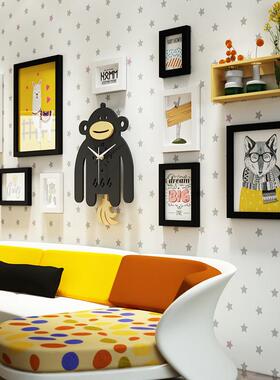 实木_7173_卡通实木照片墙大猩猩组合装饰相框摇摆真钟表可换相片