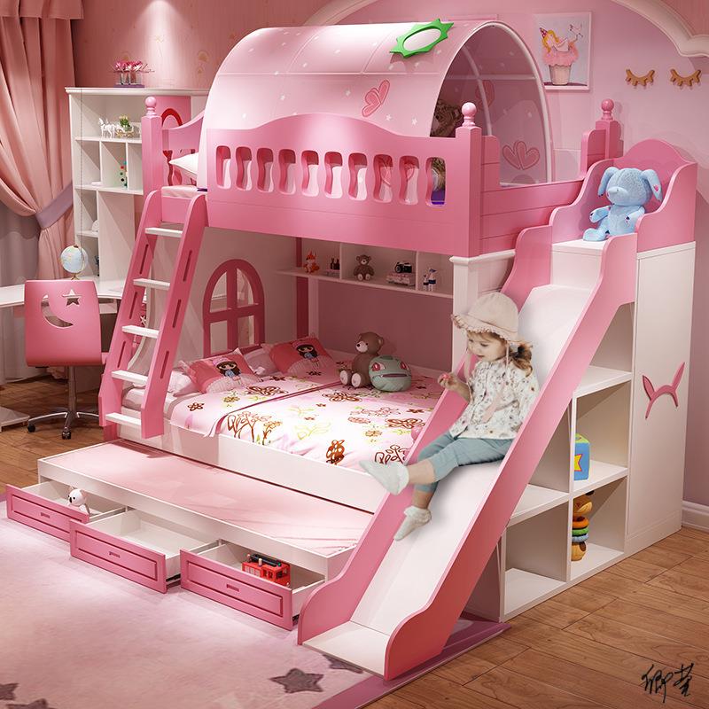 儿童女生双人床上下公主双层床卧室少女多功能梦幻城堡床带滑梯母