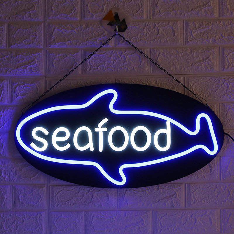 跨境霓虹灯字母造型创意seafood广告招牌装饰海鲜霓虹灯广告灯箱