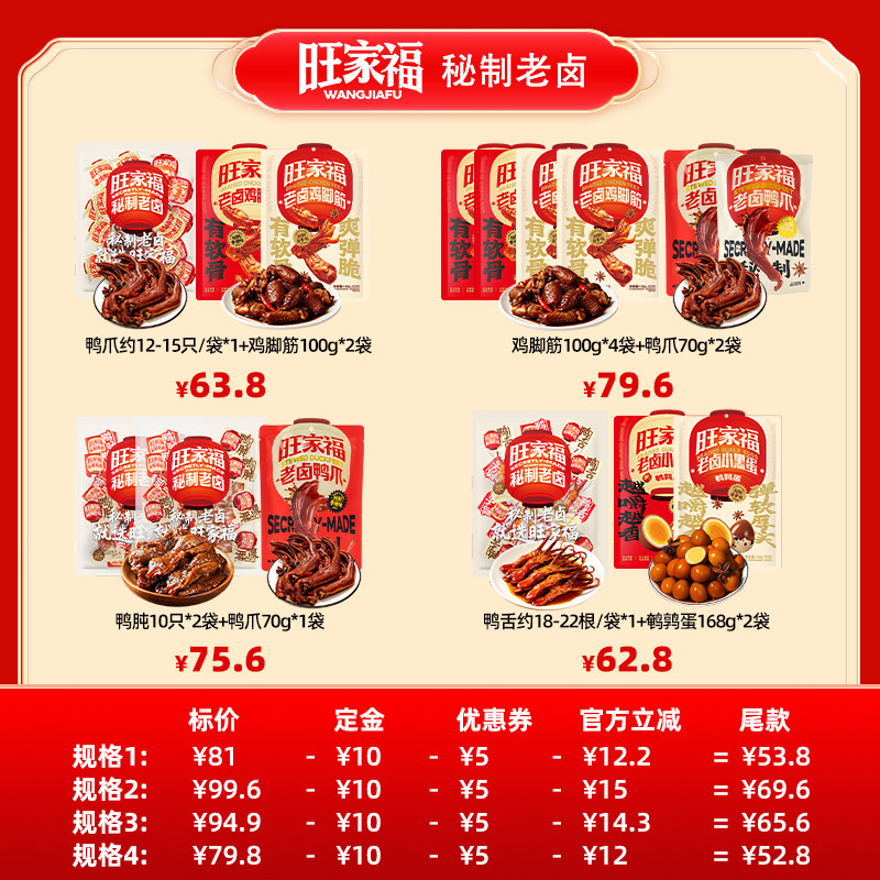 【11号晚八付定】旺家福老卤鸭爪鸭掌鸡脚筋鸭肫鸭舌卤味休闲零食