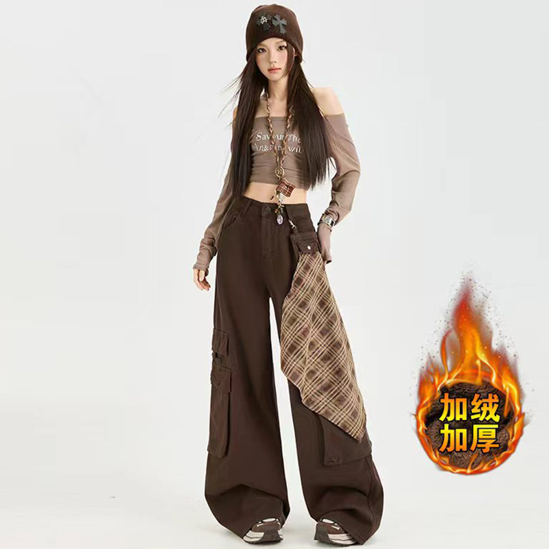 复古咖啡色高腰工装牛仔裤女