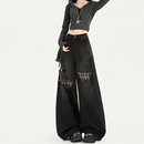 高腰显瘦宽松假破洞阔腿裤 女2025秋冬新款 复古格纹拼接牛仔裤 美式