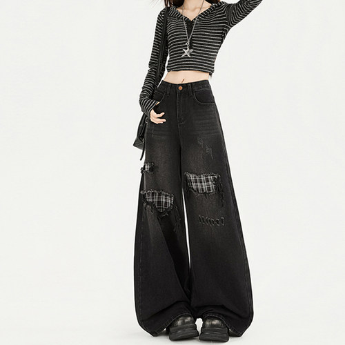 美式复古格纹拼接牛仔裤女